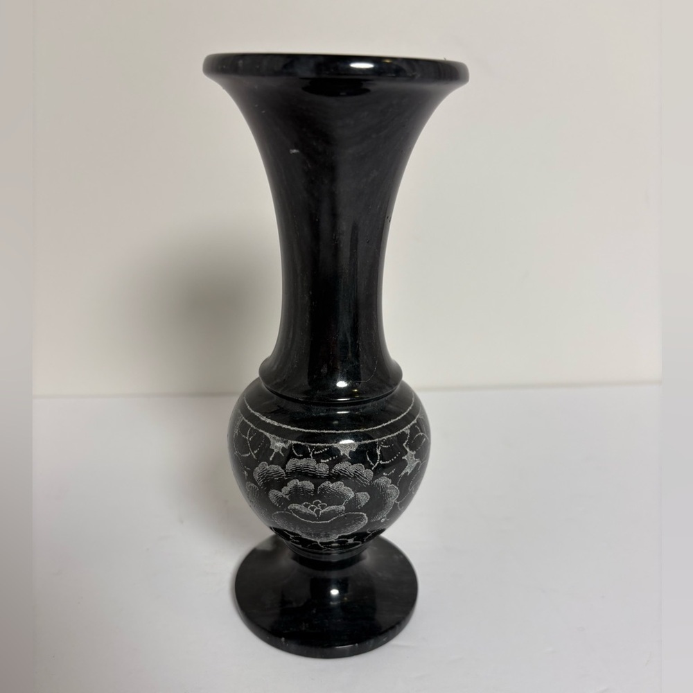 Vintage Marble Dark Gray Floral Etched Vase